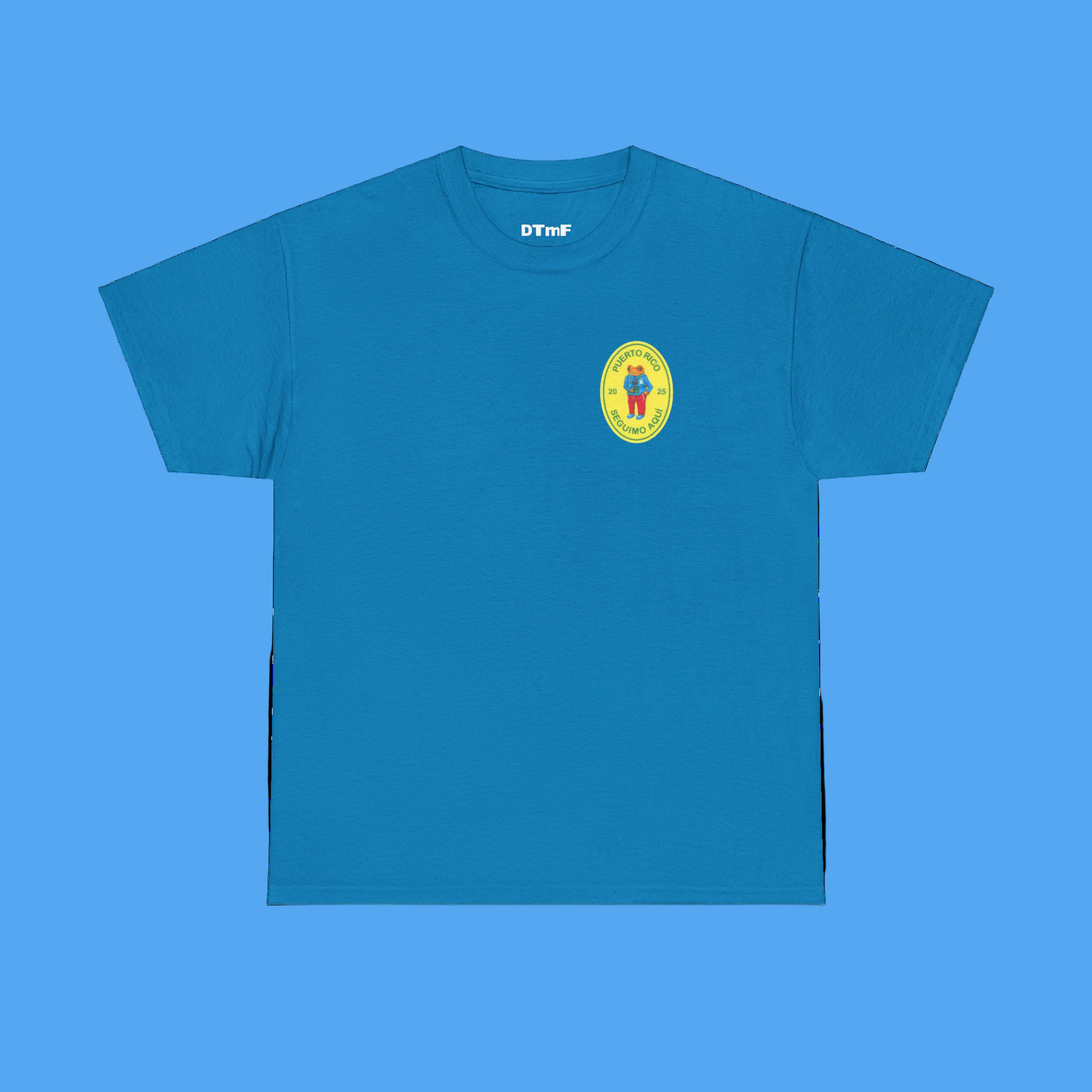Blue t-shirt with a small logo on the chest against a white background