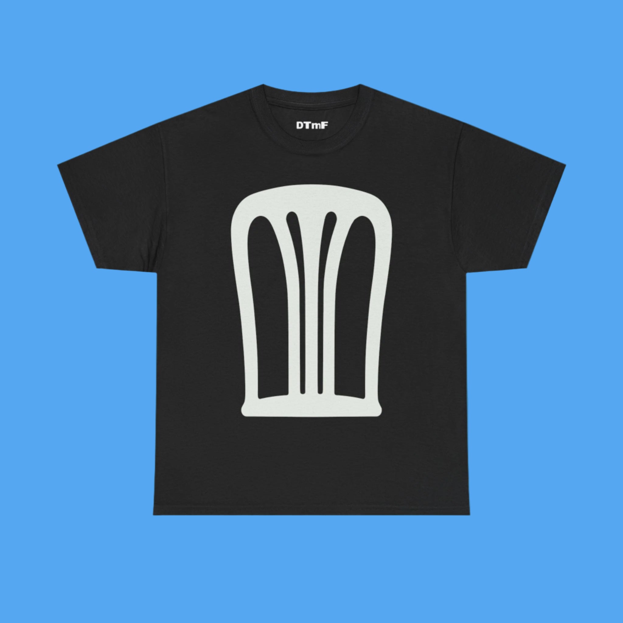 Black t-shirt with a white graphic design on a blue background