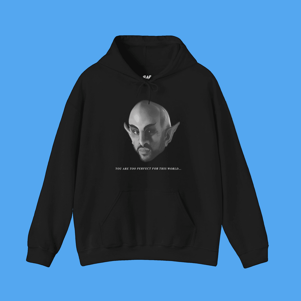 Black hoodie with a graphic design on a solid background