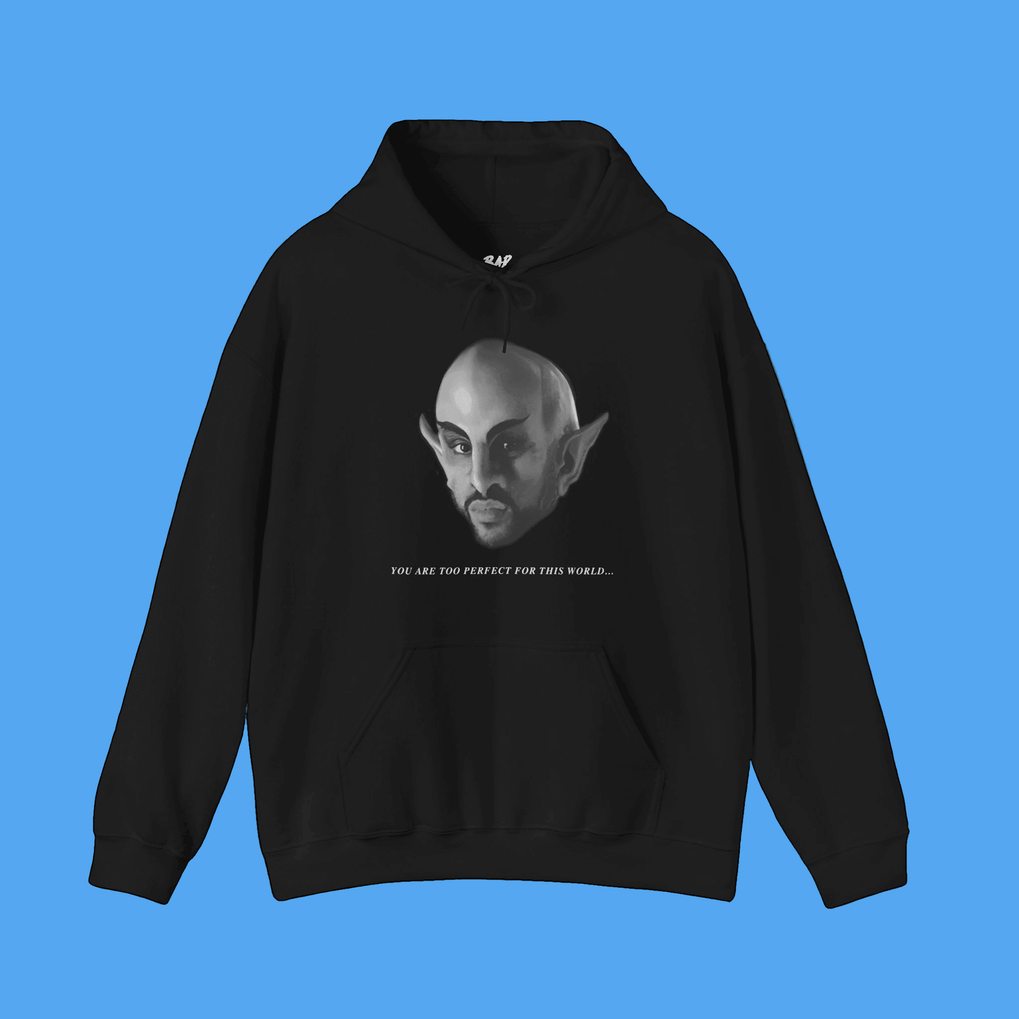 Black hoodie with a graphic design on a solid background
