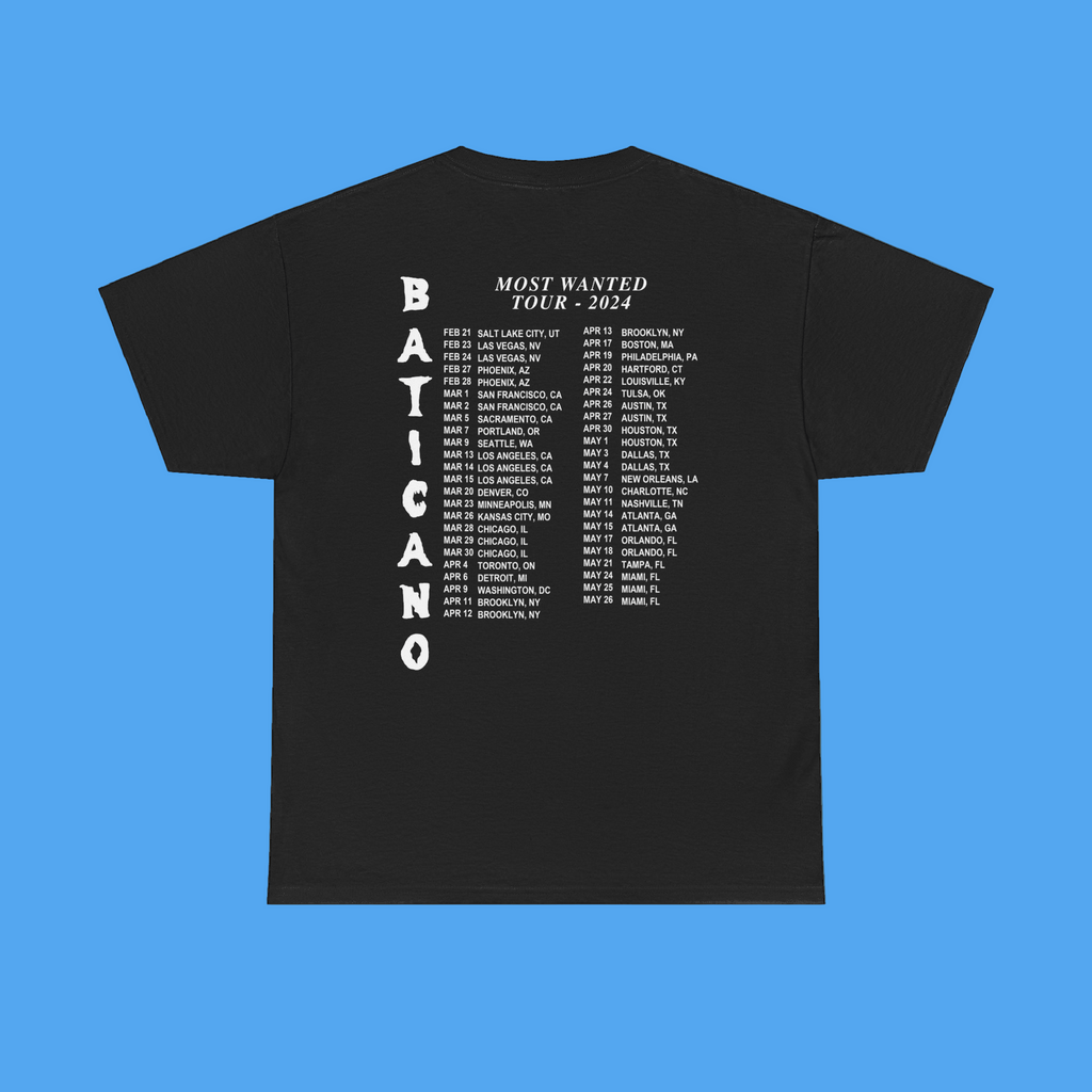 Black t-shirt with white text on a solid background