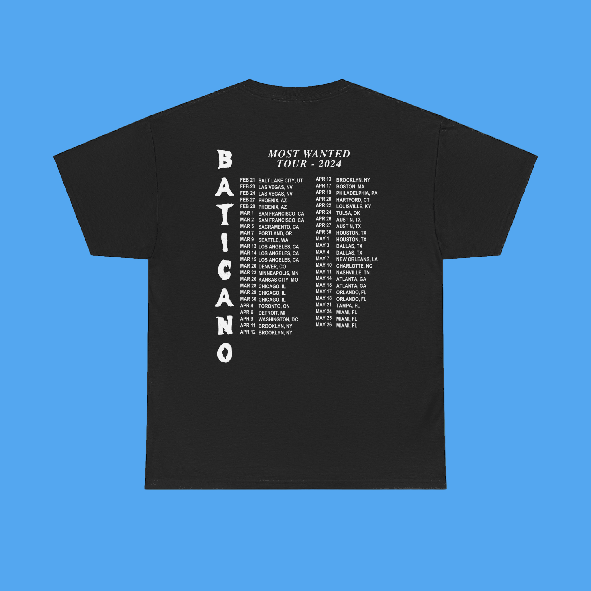 Black t-shirt with white text on a solid background