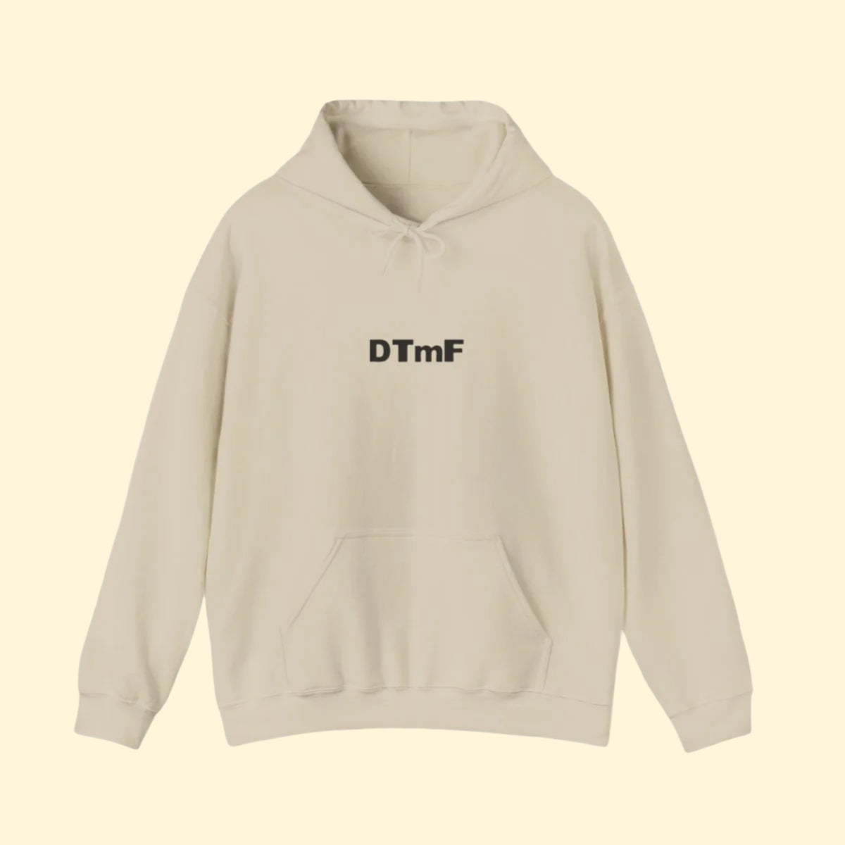 Beige hoodie with 'DTmF' text on a beige background