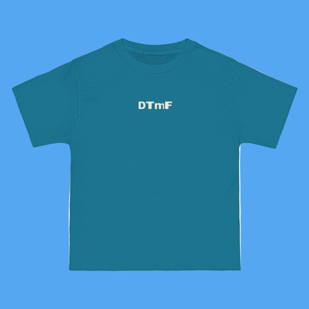 Blue t-shirt with 'DTmF' text on a white background