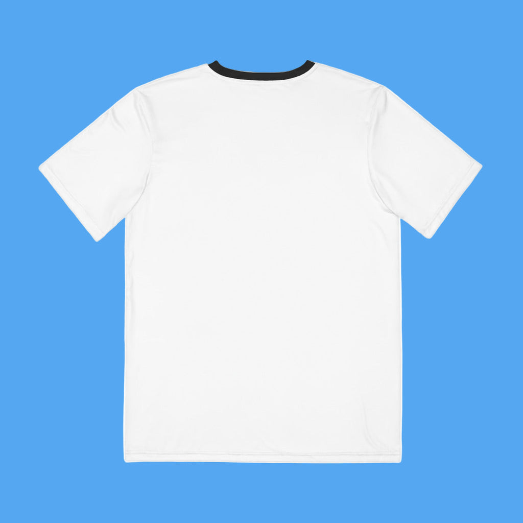 White t-shirt with black neckline on a white background