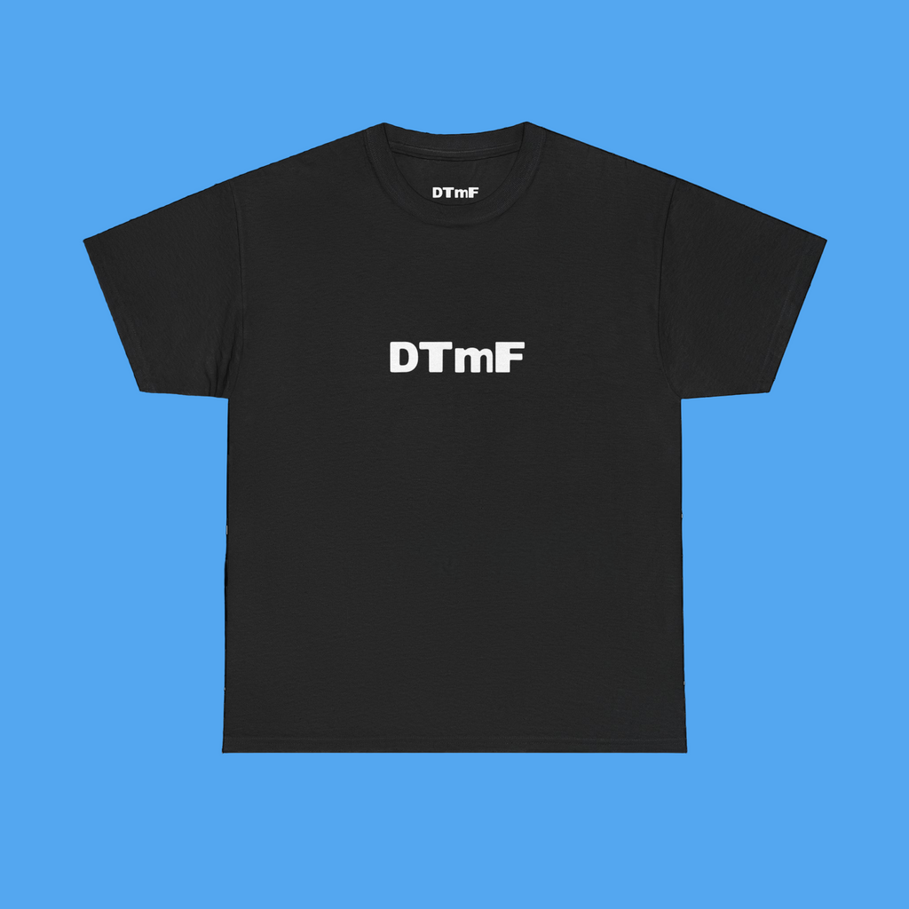 Black t-shirt with 'DTmF' printed on a white background