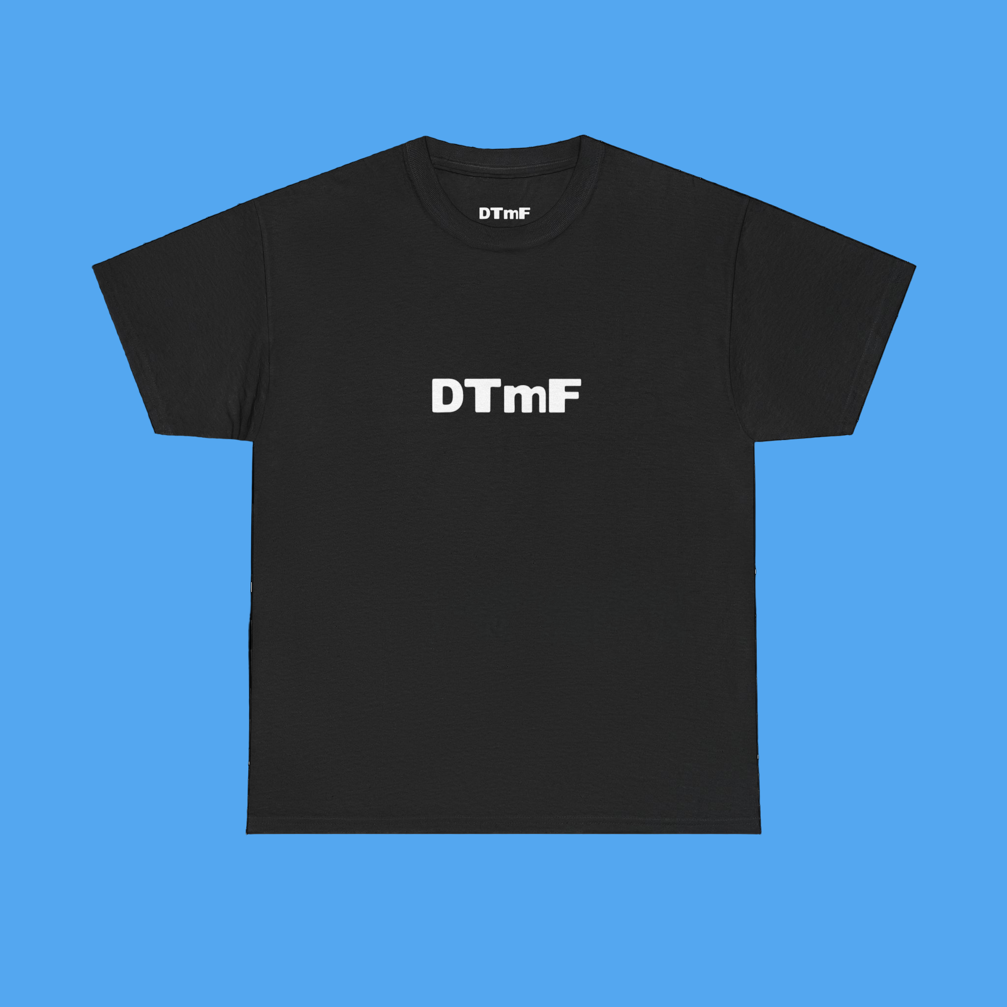 Black t-shirt with 'DTmF' printed on a white background