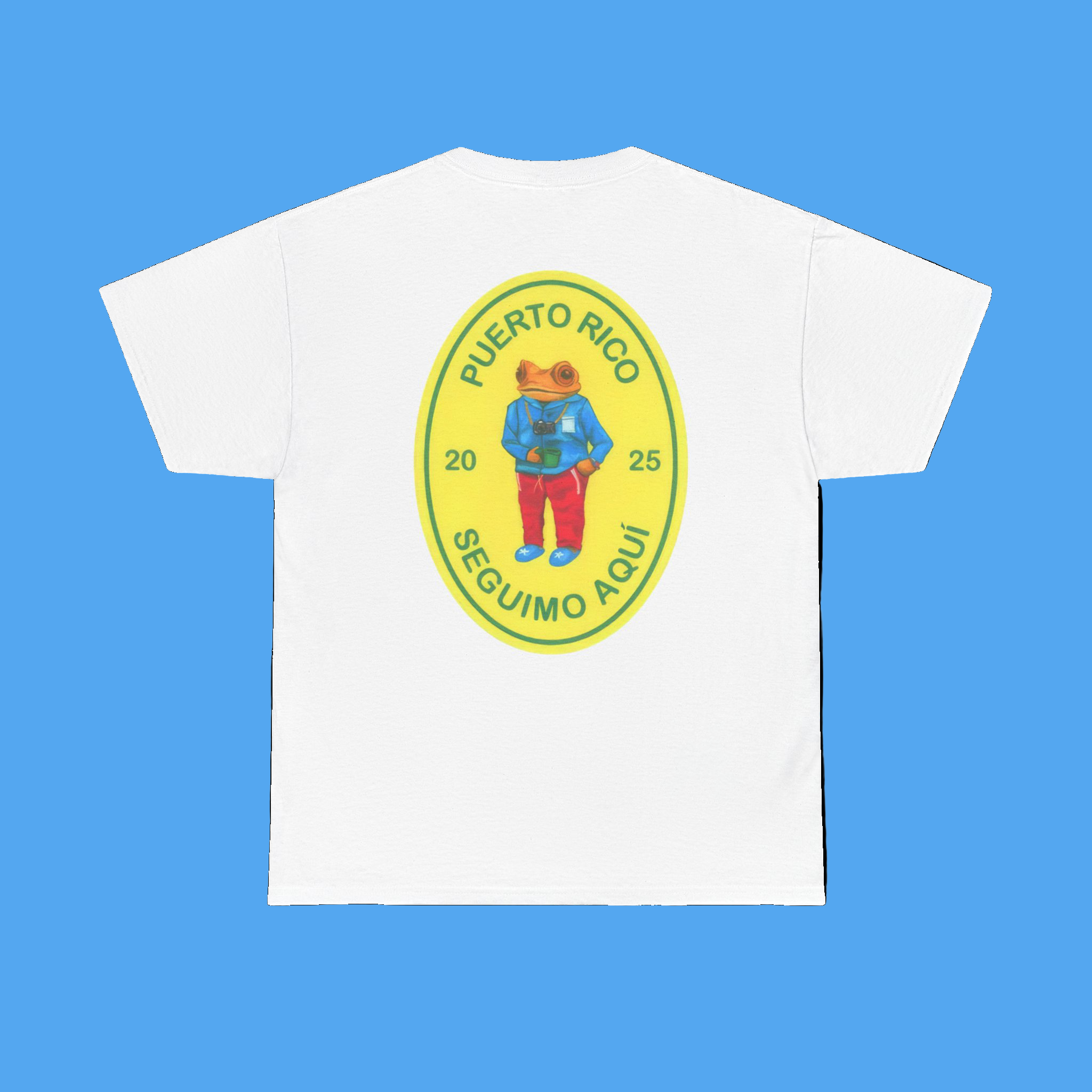 White t-shirt with a colorful graphic design on a white background
