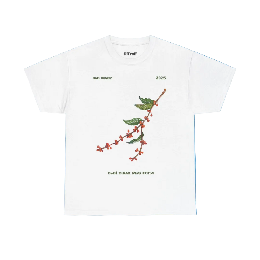 White t-shirt with a floral design and text on a blue background