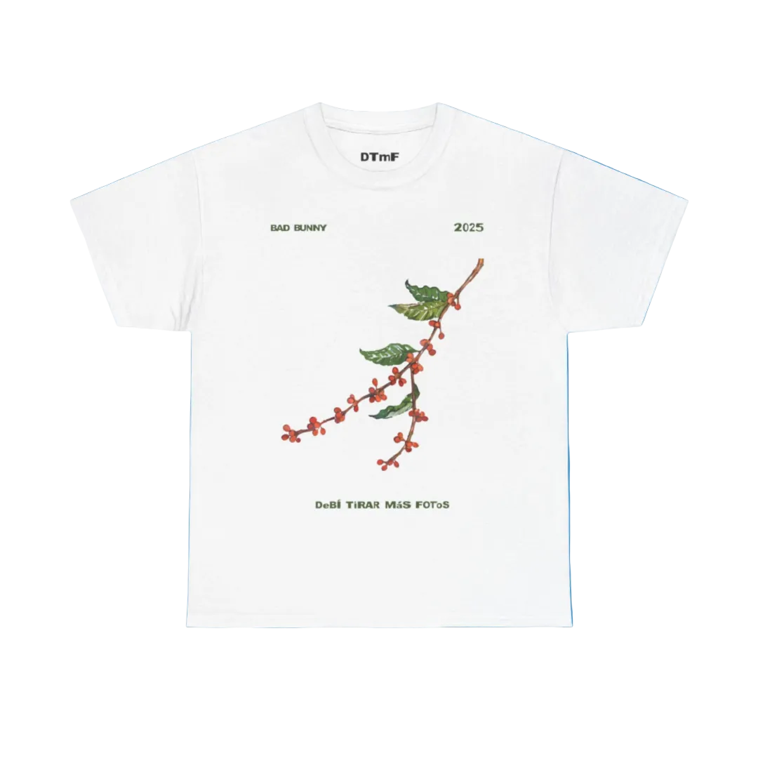 White t-shirt with a floral design and text on a blue background