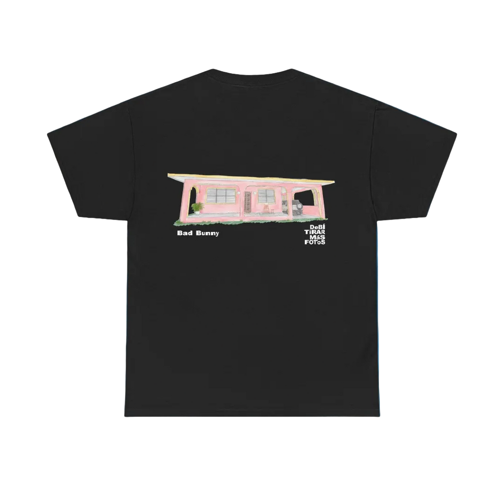 Black t-shirt with a pink house graphic and text on a blue background