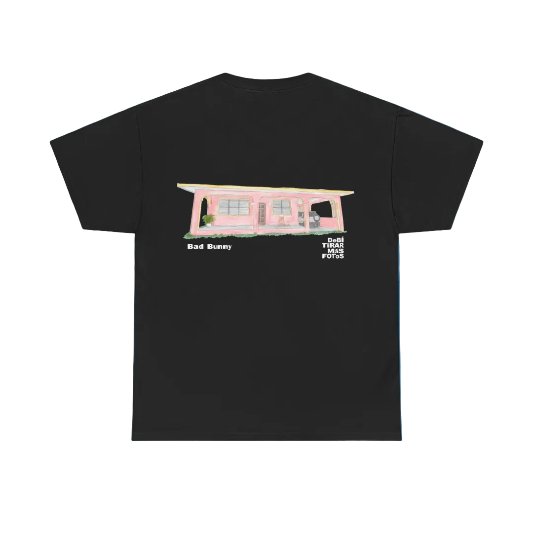 Black t-shirt with a pink house graphic and text on a blue background