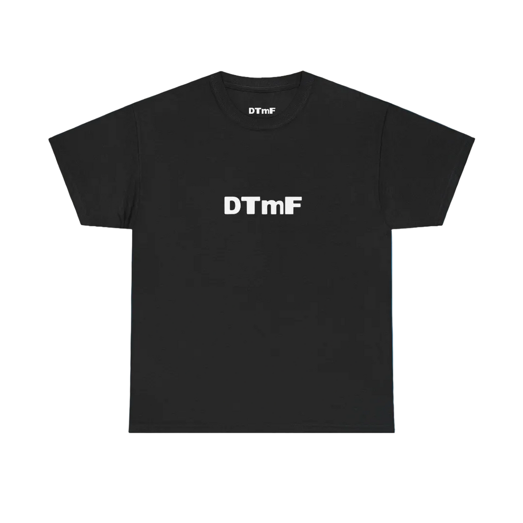 Black t-shirt with 'DTmF' logo on a blue background