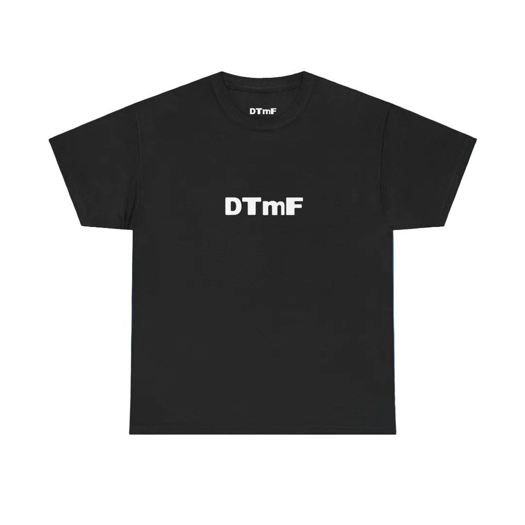 Black t-shirt with 'DTmF' logo on a blue background