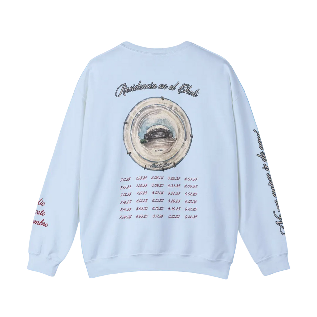 Light blue sweatshirt with a circular design and text on the back against a blue background