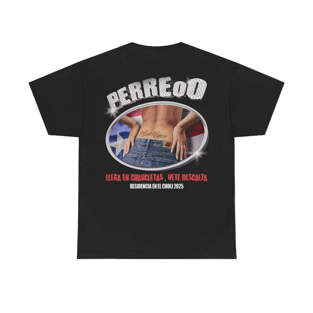 Black t-shirt with graphic design on a blue background