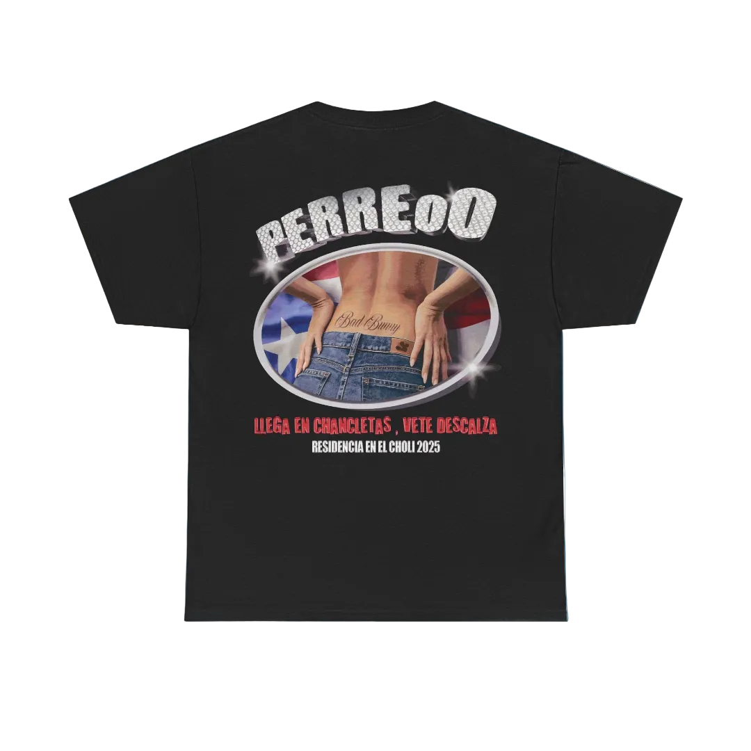 Black t-shirt with graphic design on a blue background