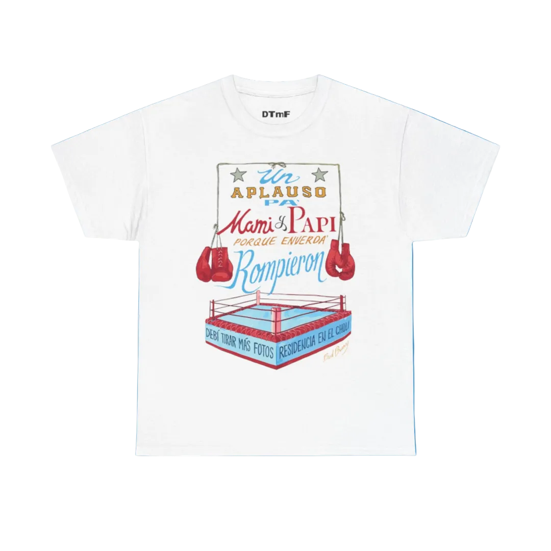 White t-shirt with boxing-themed graphic and text on a blue background