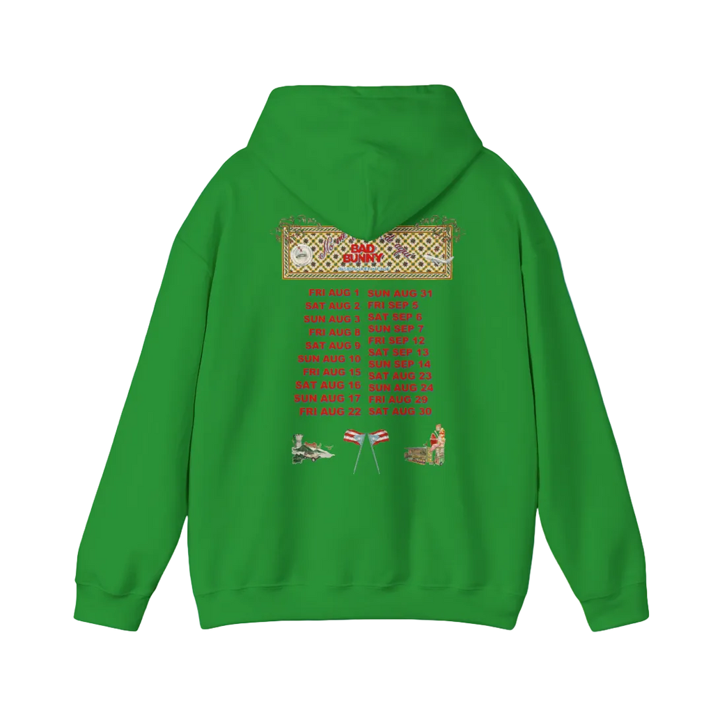Green hoodie with intricate designs and text on the back against a blue background
