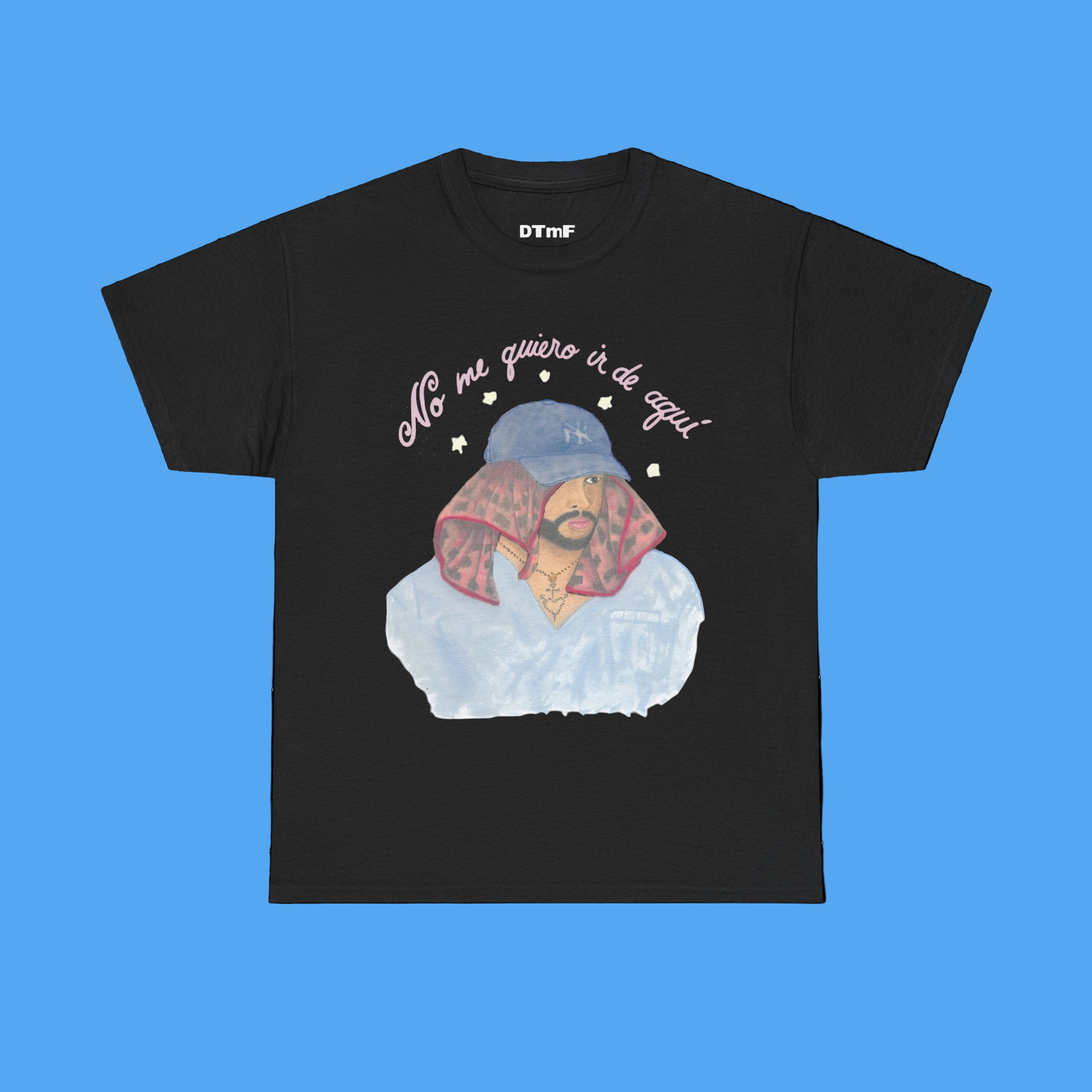 Black t-shirt with graphic design and text on a white background