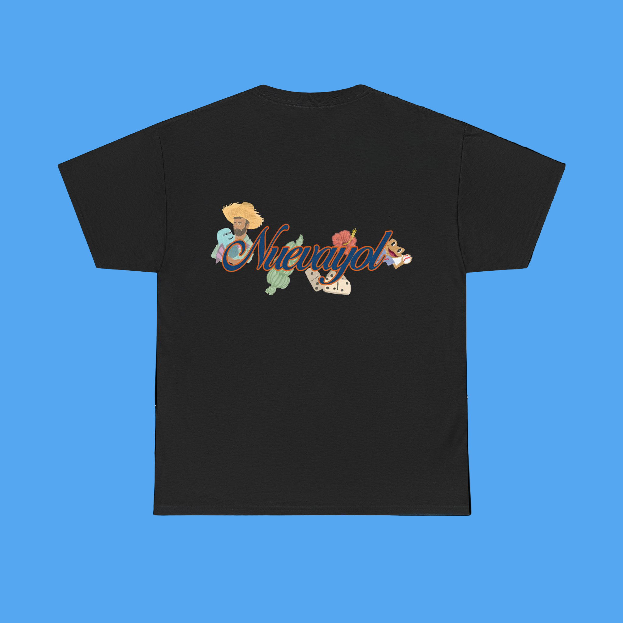 Black t-shirt with colorful graphic design on a white background