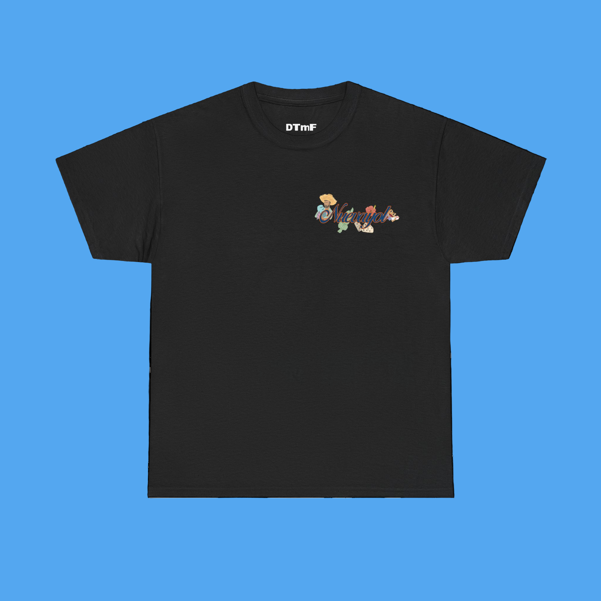 Black t-shirt with colorful floral design and text on a white background