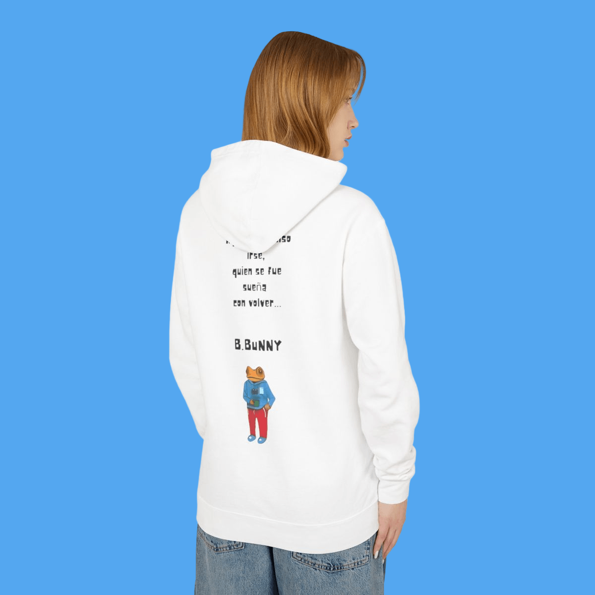 Person wearing a white hoodie with graphics and text on the back, standing against a white background